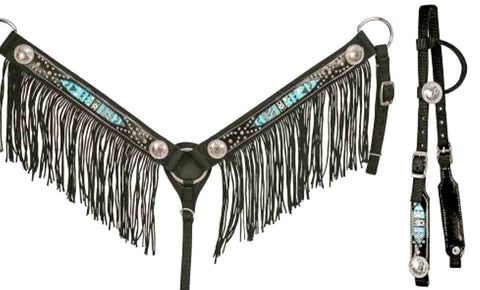 HORSE Extra Special - Black and turquoise aztec leather inlay  Headstall and Breast collar Bridle Set
