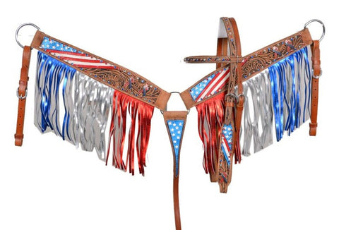 HORSE Patriotic Headstall breast collar set - red, silver, blue