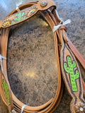 EXTRA SPECIAL Horse - Hand Painted Sunflower Cactus Browband Headstall Breast collar Bridle Set with Fringe.