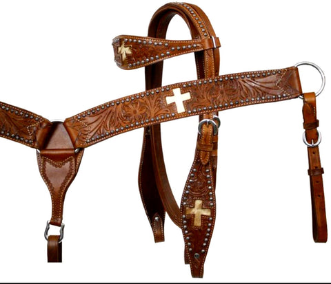 EXTRA SPECIAL Horse - Cowhide cross  Headstall Bridle Breastcollar Set