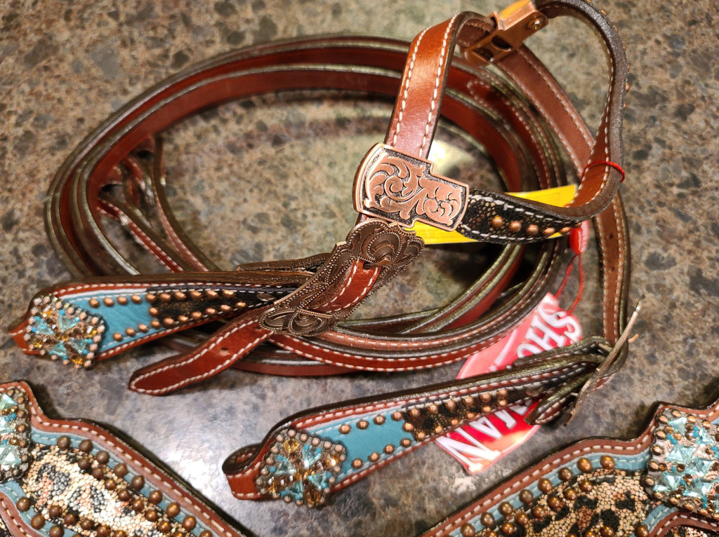 Showman Cheetah Print Headstall, Breast Collar, Reins Set With