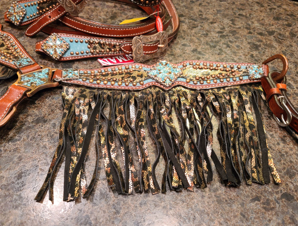 Showman Cheetah Print Headstall, Breast Collar, Reins Set With