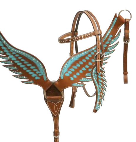 Horse- EXTRA SPECIAL - Teal angel wing headstall and breast collar bridle set