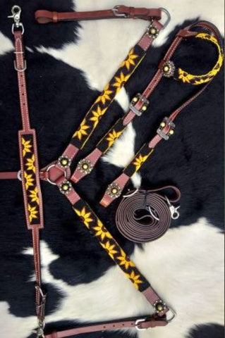 Horse EXTRA SPECIAL - Beaded Sunflower Headstall Breastcollar Bridle Set