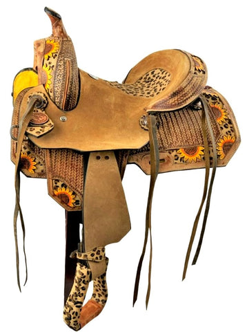 Double T Barrel style saddle Cheetah Seat Sunflower