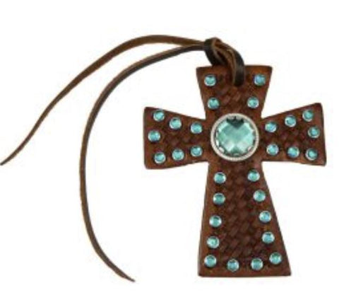 Leather tie on cross with teal green rhinestones