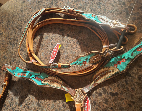 Horse EXTRA SPECIAL -Turquoise Beaded Browband Headstall Breast Collar Bridle Set