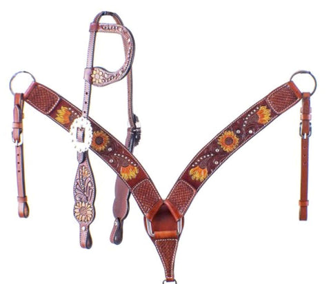 HORSE Extra Special - Hand Painted Sunflower Single Ear Headstall and Breast collar Bridle Set