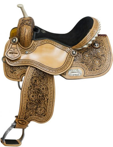 14" 15" 16" Saddle Special - Double T barrel saddle with floral tooling and black inlay