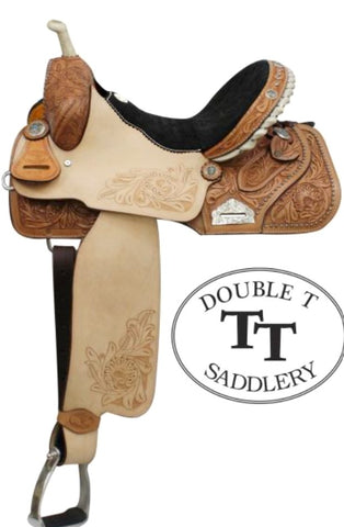 Saddle Special - 16" Double T Barrel Style Saddle with Floral Embossed Suede Seat