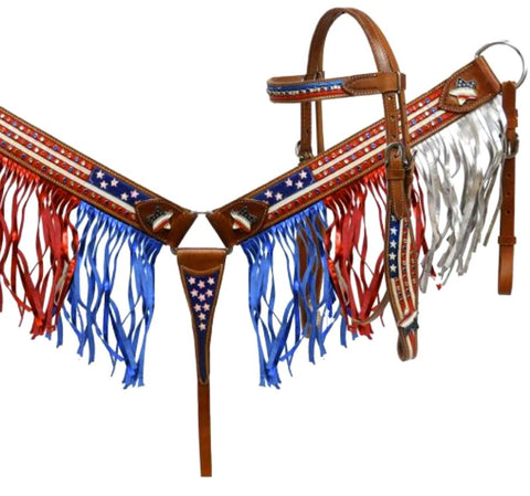 Horse - Extra SPECIAL Patriotic Painted American Flag headstall and breast collar set with fringe