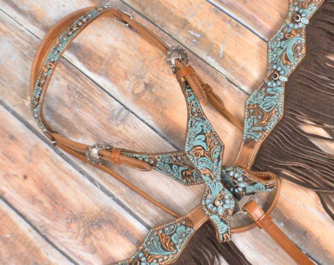 EXTRA SPECIAL Horse - Turquoise Brown Floral Tooled headstall breast collar bridle set