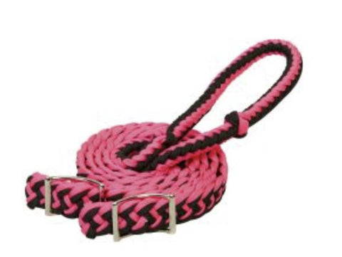 Equi-Sky 8' Hot Pink and Black Braided and Knotted Barrel Reins.