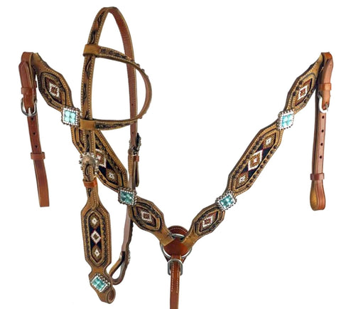 Horse - EXTRA SPECIAL - Beaded southwest design breastcollar bridle set