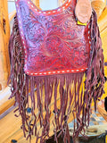 Purse - Brown Floral Tooled Crossbody Bag Suede fringe