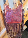 Purse - Brown Floral Tooled Crossbody Bag Suede fringe