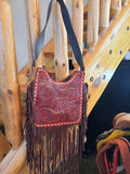 Purse - Brown Floral Tooled Crossbody Bag Suede fringe