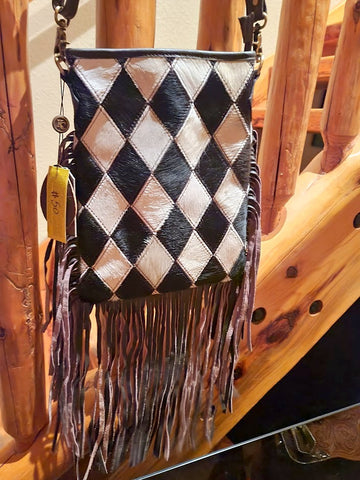 Purse -  Leather Crossbody Bag diamond pattern hair on cowhide fringe