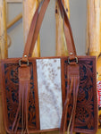 Purse - Hair on Cowhide leather Tote Bag with Fringe