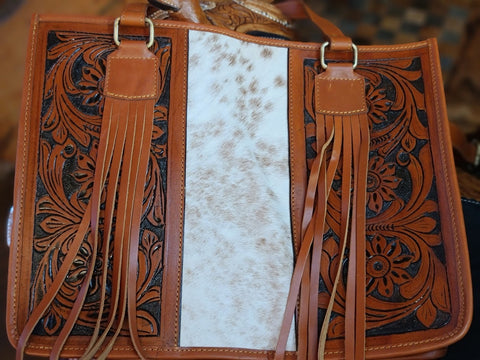 Purse - Hair on Cowhide leather Tote Bag with Fringe