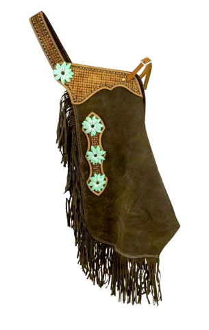 CHINKS - Brown suede leather chinks / chaps with hand painted 3D teal flower design
